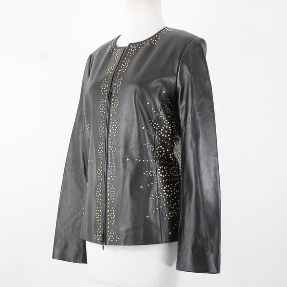 Dana Buchman Sz 12 Black Gold Stud Zipper 100% Leather Acetate Lined Jacket - Picture 3 of 16